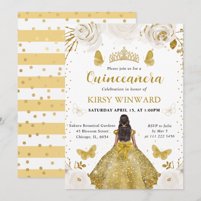 Invitation Robe dorée Peau foncée Princesse Quinceanera (Devant / Derrière)