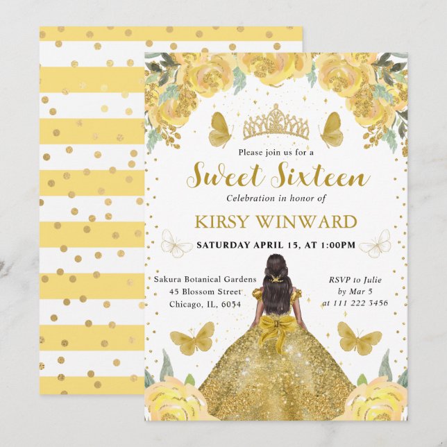 Invitation Robe dorée Peau foncée Princesse Sweet 16 (Devant / Derrière)