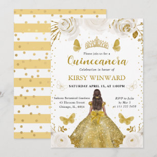 Invitation Robe dorée Princesse à peau foncée Quinceanera