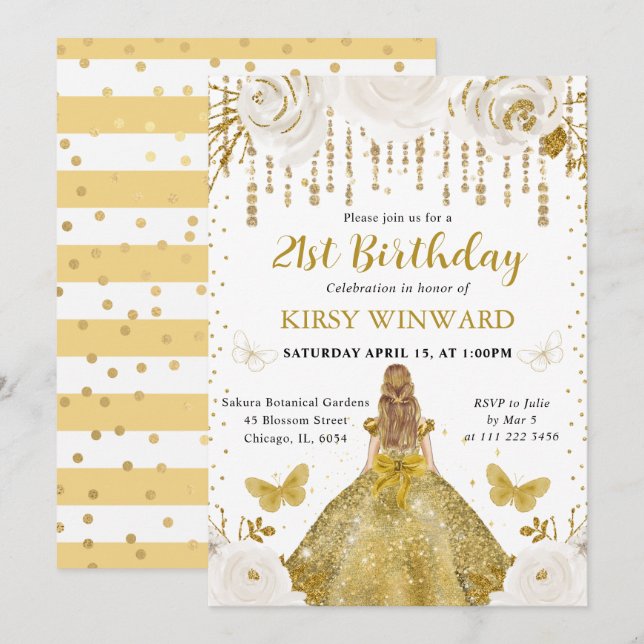 Invitation Robe Dorée Princesse Blonde Anniversaire (Devant / Derrière)