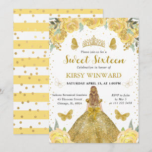 Invitation Robe dorée Princesse blonde Sweet 16