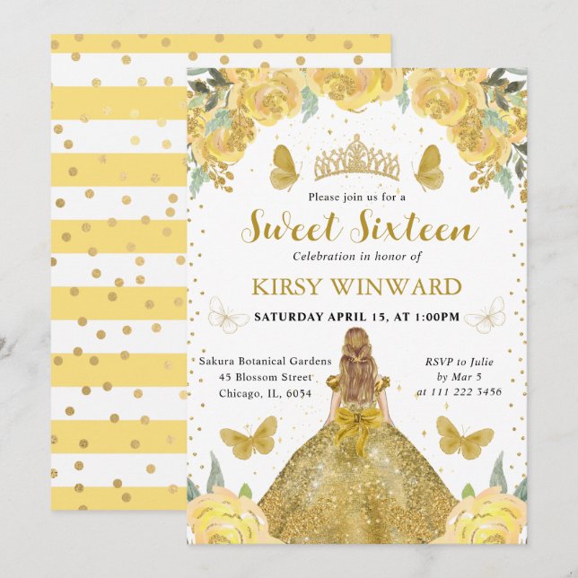 Invitation Robe dorée Princesse blonde Sweet 16 (Devant / Derrière)