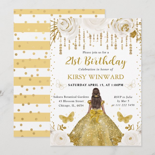 Invitation Robe dorée Princesse peau noire Anniversaire (Devant / Derrière)