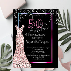 Invitation Robe dorée rose à sequins colorés 50e anniversaire