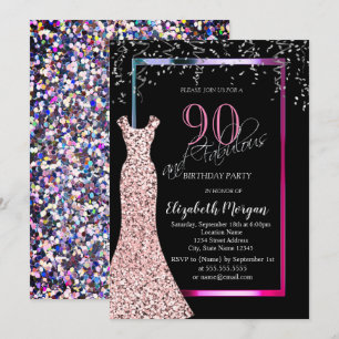 Invitation Robe dorée rose à sequins colorés 90e anniversaire