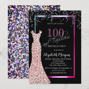 Invitation Robe dorée rose à sequins colorés pour 100e annive