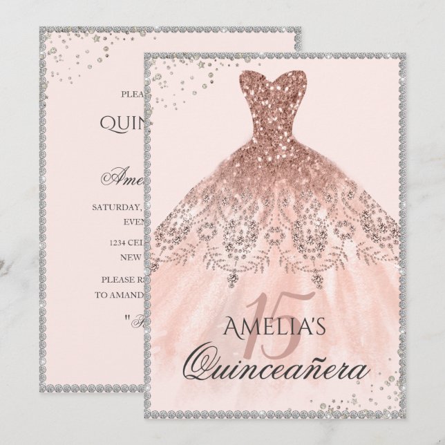 Invitation Robe dorée rose argentée scintillante 15ème Quince (Devant / Derrière)