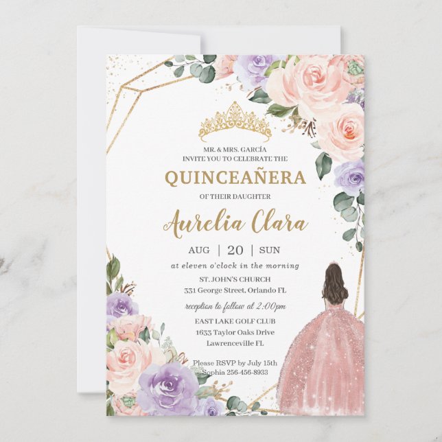 Invitation Robe dorée Rose de Quinceañera violet (Devant)