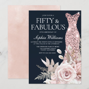 Invitation Robe dorée Rose Dusty 50e anniversaire Floral