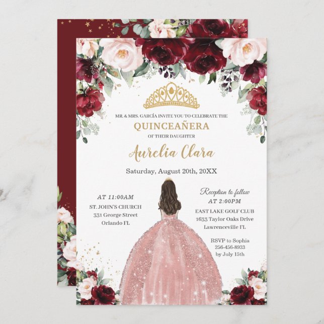 Invitation Robe dorée Rose Florale Quinceañera Bourgogne (Devant / Derrière)