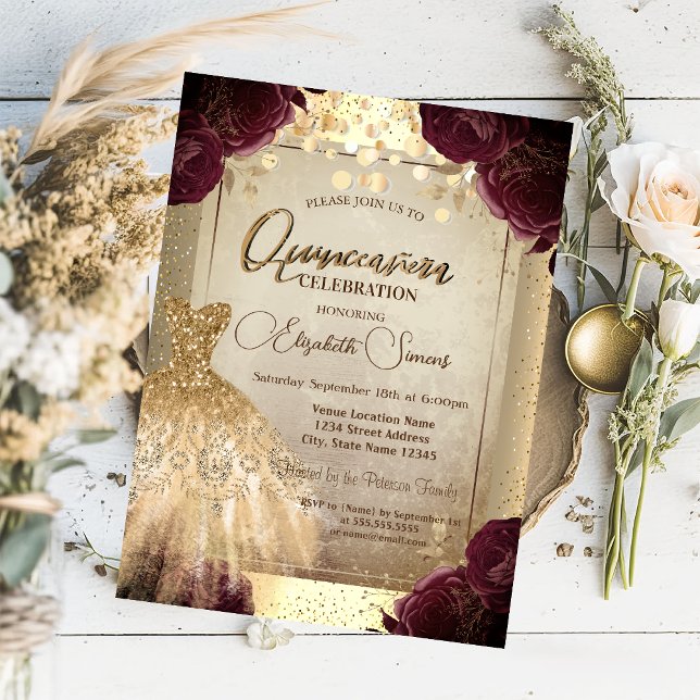 Invitation Robe dorée Roses bordeaux Confettis Quinceañera  (Créateur téléchargé)