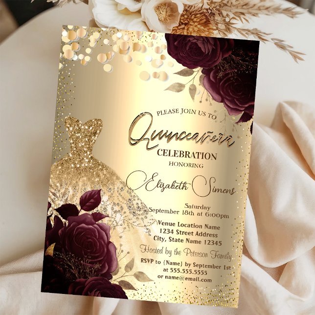 Invitation Robe dorée Roses bordeaux Quinceañera (Créateur téléchargé)