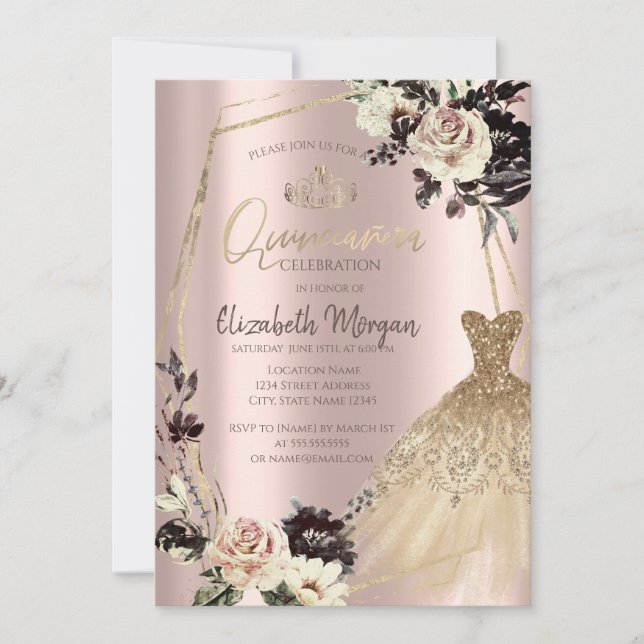 Invitation Robe dorée, roses encadrées, diamants or rose (Devant)