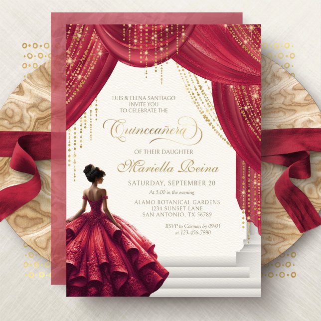 Invitation Robe dorée rouge pour Quinceanera moderne (Créateur téléchargé)