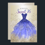Invitation Robe dorée Royal Bleue Étincelle Douce 16<br><div class="desc">Gold Royal Blue Sparkle robe sucré 16 Anniversaire Invitation</div>