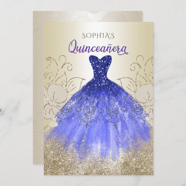 Invitation Robe dorée Royal Bleue Étincelle Quinceañera (Devant / Derrière)