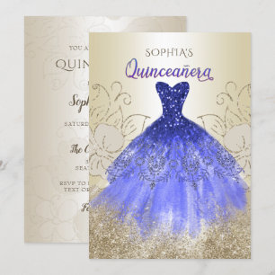 Invitation Robe dorée Royal Bleue Étincelle Quinceañera