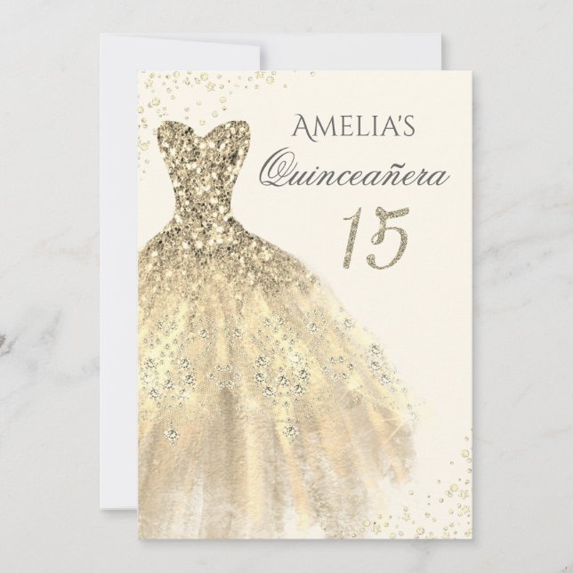 Invitation Robe dorée scintillante 15e Quinceanera (Devant)