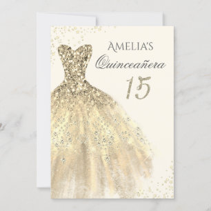 Invitation Robe dorée scintillante 15e Quinceanera