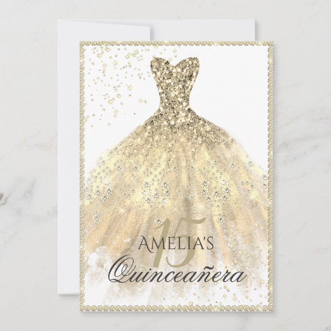 Invitation Robe dorée scintillante 15e Quinceanera (Devant)