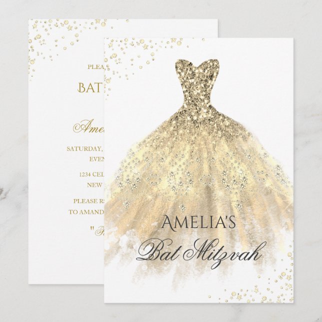 Invitation Robe dorée scintillante filles Bat Mitzvah (Devant / Derrière)