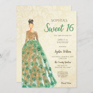 Invitation Robe dorée verte étincelante Douce 16 ans