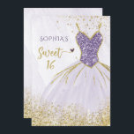 Invitation Robe dorée violet étincelante Douce 16 anniversair<br><div class="desc">Parties scintillant d'or violet robe étincelante doux 16 Anniversaire Invitation</div>