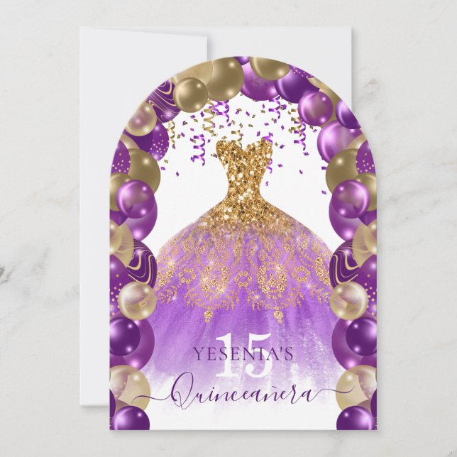 Invitation Robe dorée violet étincelante Quinceañera Arc de b (Devant)