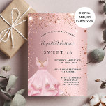Invitation Robe douce 16 rose vif<br><div class="desc">Une invitation moderne,  élégante et glamour pour une fête Sweet 16,  16e anniversaire. Un arrière - plan rose vif aux éclats d'or rose et à la robe rose. Le nom est écrit avec un script de style écrit à la main. Personnalisez et ajoutez les détails de votre fête.</div>