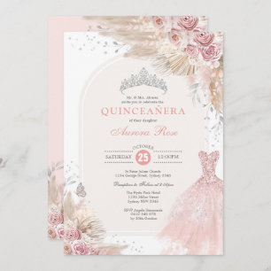 Invitation Robe Dusty Rose Argent Boho Fleur Quinceañera