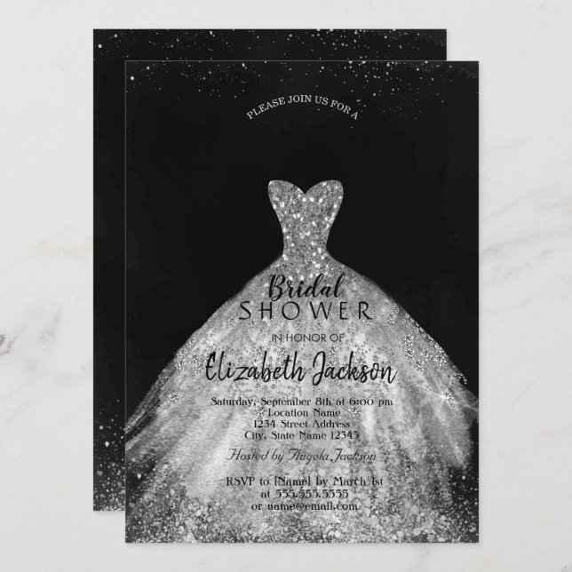 Invitation Robe élégante à paillettes argentées, douche de ma (Devant / Derrière)