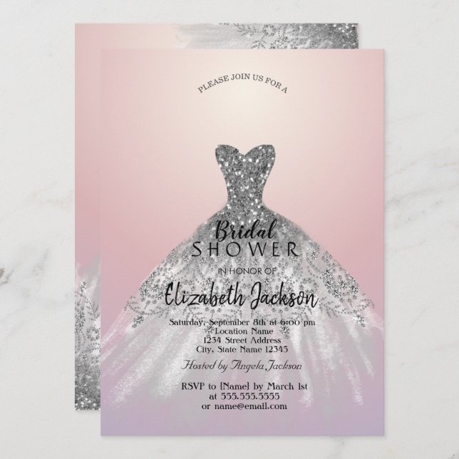 Invitation Robe élégante à paillettes argentées, douche de ma (Devant / Derrière)