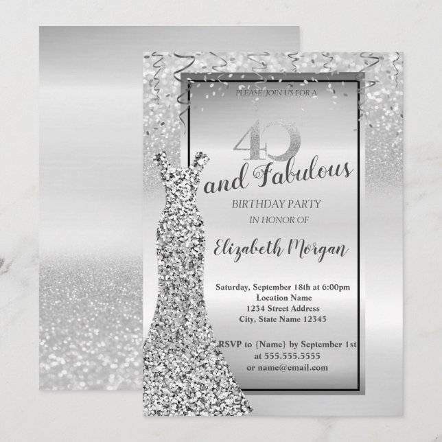 Invitation Robe élégante à paillettes argentées Fête d'annive (Devant / Derrière)
