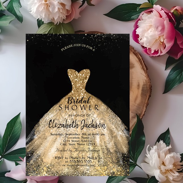 Invitation Robe élégante à paillettes dorées, douche de marié (Créateur téléchargé)