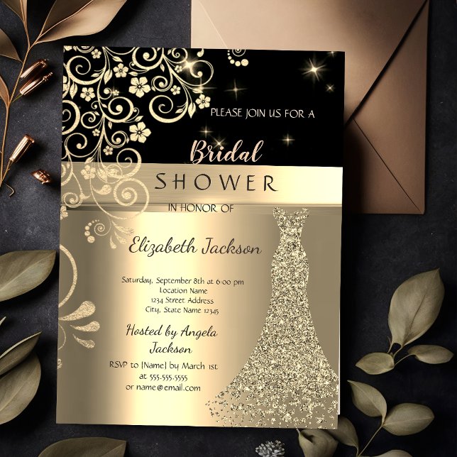Invitation Robe Élégante à Paillettes Dorées et Fleurs Mariag (Créateur téléchargé)