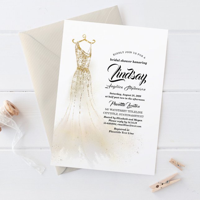 Invitation Robe élégante à paillettes dorées pour douche de m (Créateur téléchargé)