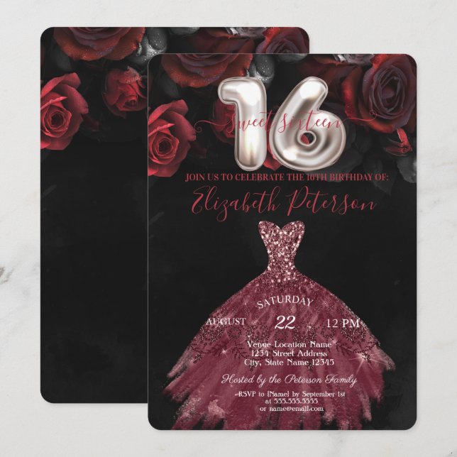 Invitation Robe élégante chic Fleurs rouges douces Fête Sweet (Devant / Derrière)