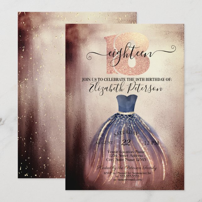Invitation Robe élégante chic pour fête d'anniversaire 18 ans (Devant / Derrière)