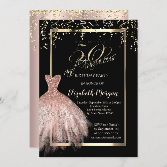 Invitation Robe élégante, Confetti Rose Gold 50e anniversaire (Devant / Derrière)