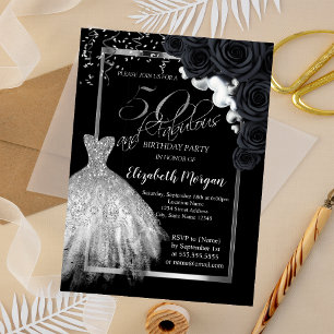 Invitation Robe élégante, confettis roses noires 50e annivers
