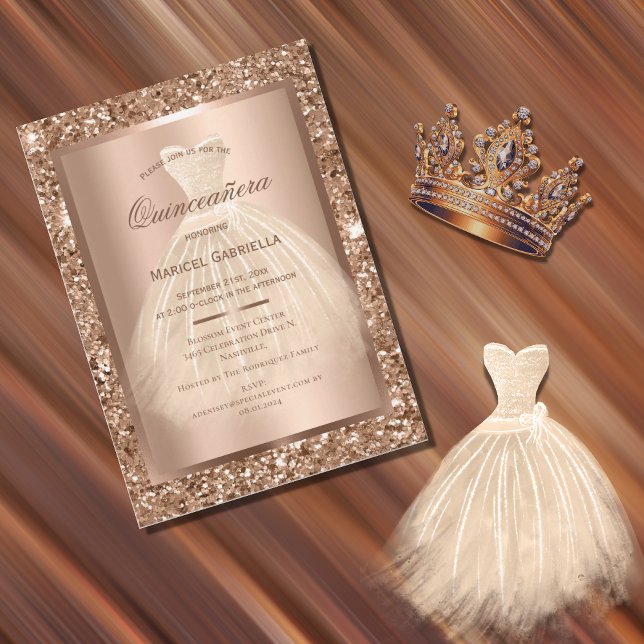 Invitation Robe élégante de Quinceañera à paillettes dorées e (Créateur téléchargé)