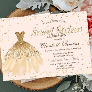 Invitation Robe élégante dorée diamants crème Sweet 16