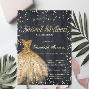 Invitation Robe élégante dorée diamants noir Sweet 16