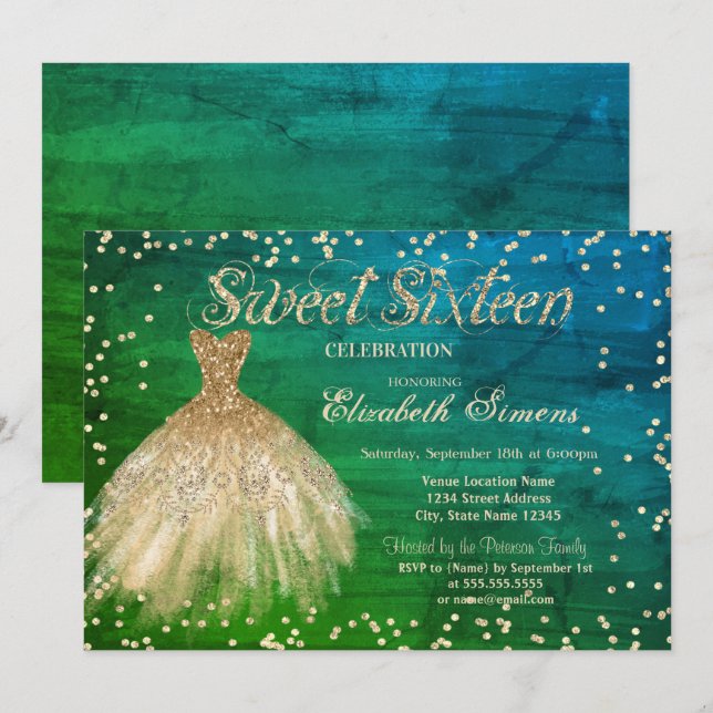 Invitation Robe élégante dorée diamants verts Sweet 16 (Devant / Derrière)