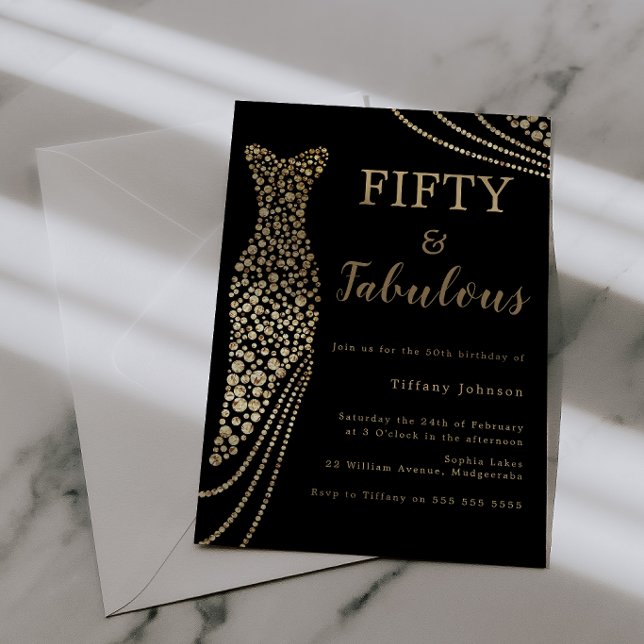 Invitation Robe élégante dorée Fifty & Fabulous 50 ans (Créateur téléchargé)