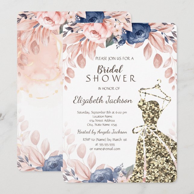 Invitation Robe élégante et stylée à paillettes dorées Fleurs (Devant / Derrière)