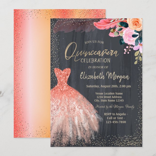 Invitation Robe Élégante, Fleurs Plume Quinceanera (Devant / Derrière)
