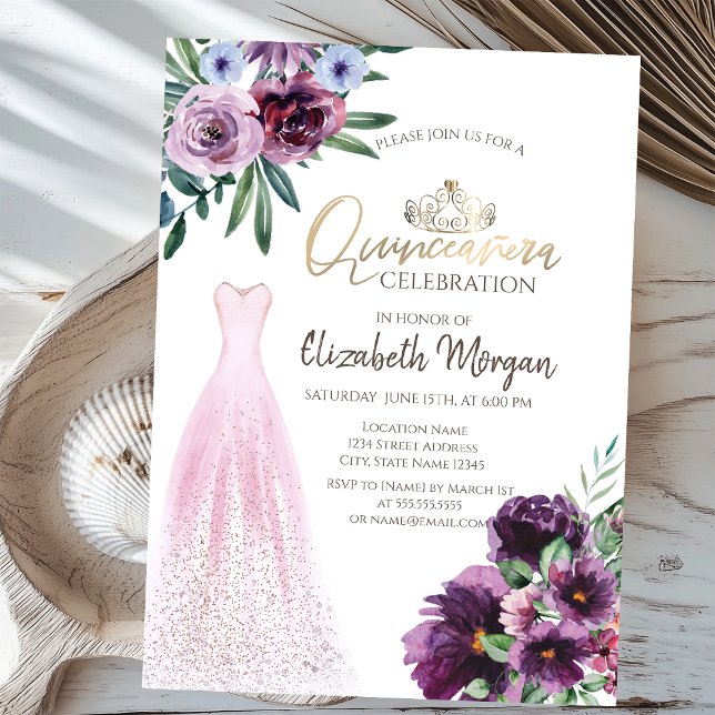 Invitation Robe Élégante, Fleurs Violettes Quinceañera (Créateur téléchargé)
