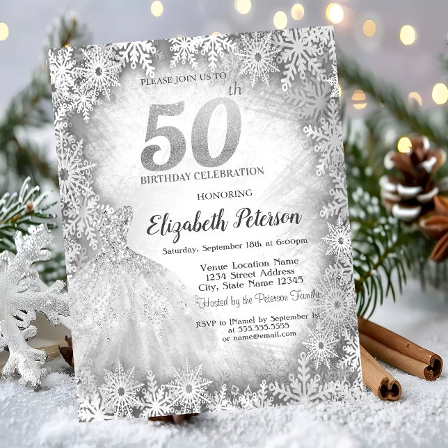 Invitation Robe Élégante Flocons de Neige 50e Anniversaire (Créateur téléchargé)