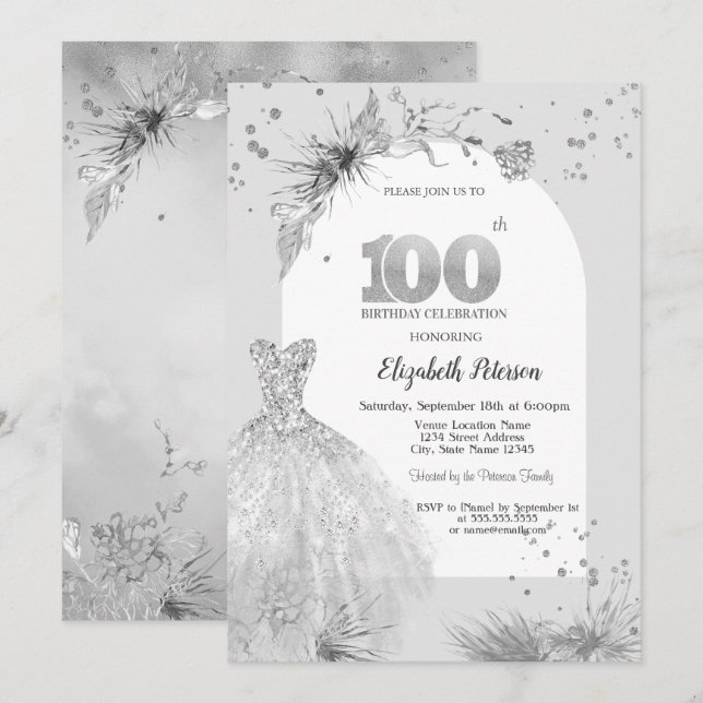 Invitation Robe Élégante Hiver Gris 100ème Anniversaire (Devant / Derrière)